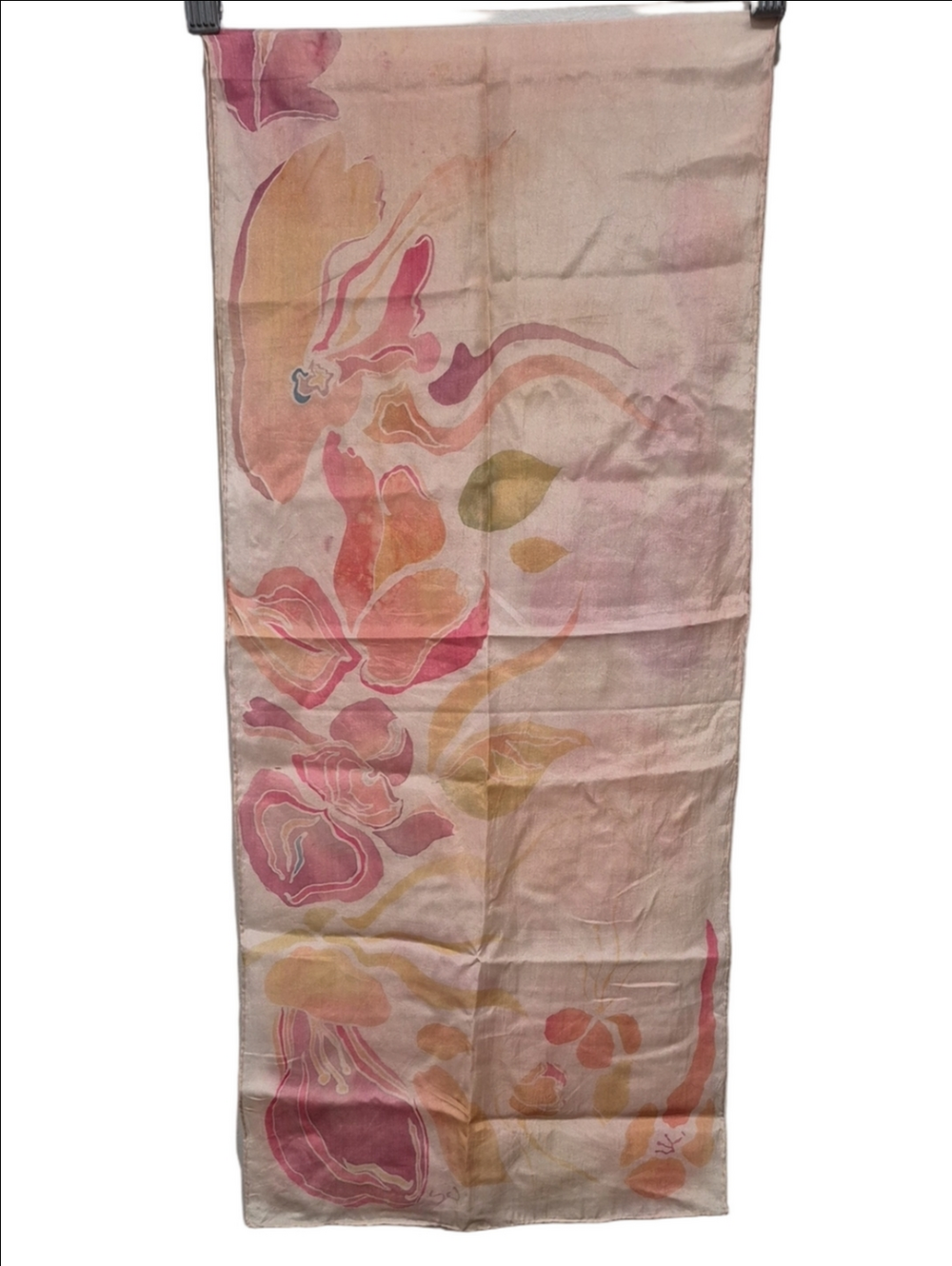 Vintage Hand Painted Floral Silk Scarf Oblong 53x12 Pink Coral